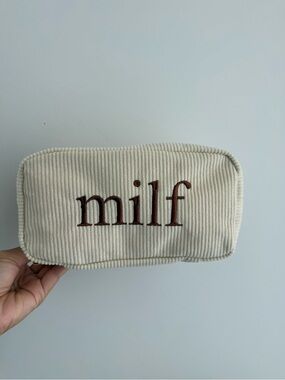 Embroidered 'milf' Corduroy Pouch - Cream with Brown Text